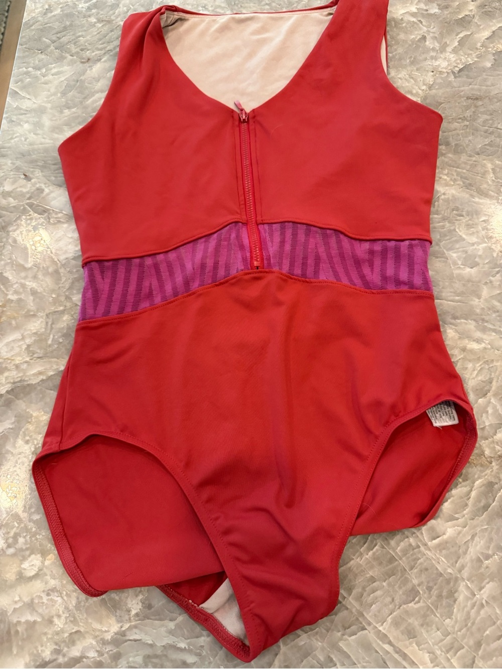Bloch Red & Pink Zip Front Mesh Waist Dance Leotard Size Large